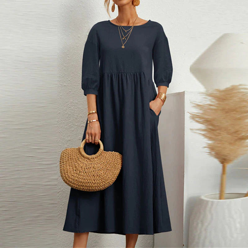 Women's Casual Dress Cotton Linen Dress Swing Dress Maxi long Dress Cotton Blend Casual Daily Holiday Vacation Crew Neck Ruched Pocket 3/4 Length Sleeve Summer Spring 2023 Regular Fit Dark Green Dark