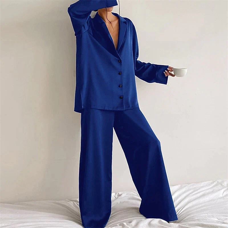 Women's Satin Silk Sleepwear 2Pcs Sets Pj Pure Color Lapel Long Sleeve Button and Wide Leg Pants Fashion Comfort Home Daily Summer Fall Blue Light Green