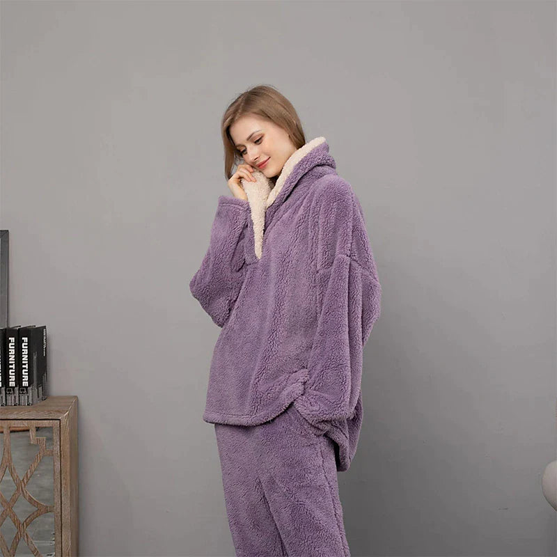 Women's Fleece Flannel Warm Pajamas Sets Fluffy Fuzzy Warm Nighty Pure Color Plush Comfort Home Christmas V Wire Long Sleeve Sweater Pant Elastic Waist Fall Winter Gray Purple / Lace Up