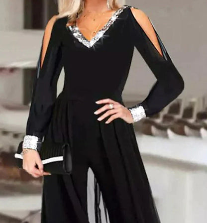 Jumpsuits for Women Sequin Dressy Overlay Solid Color V Neck Formal Party Weekend Straight Regular Fit Strap Black S M L Winter