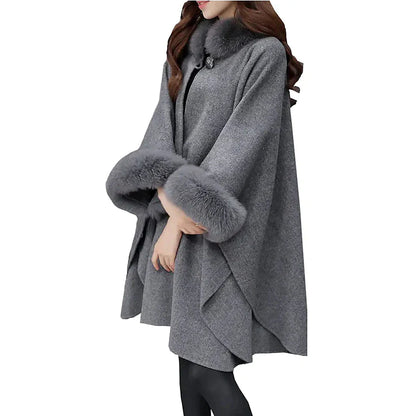 Women's Cloak / Capes Winter Coat Faux Fur Lapel Overcoat Fall Pea Coat Windproof Warm Jacket 3/4 Length Sleeve Camel Black Gray