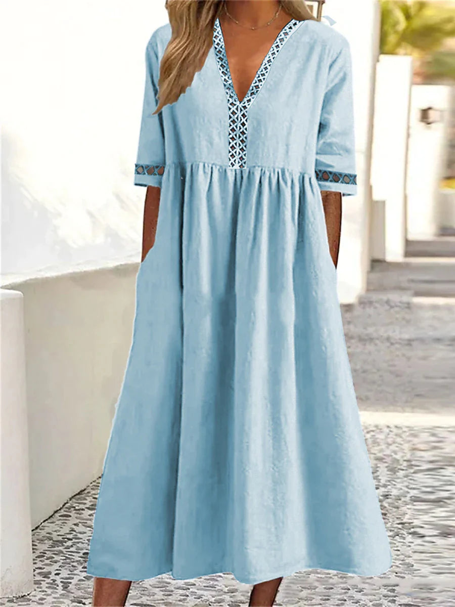 Women‘s Casual Dress Cotton Linen Dress Caftan Dress Swing Dress Midi Dress Cotton Blend Basic Classic Outdoor Daily Vacation V Neck Ruched Hollow Out Half Sleeve Summer Spring Fall 2023