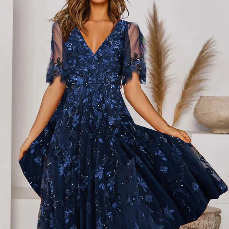 Women's Casual Dress Midi Dress Navy Blue Short Sleeve Floral Ruched Spring Summer V Neck Elegant Wedding Guest 2023 S M L XL 2XL 3XL