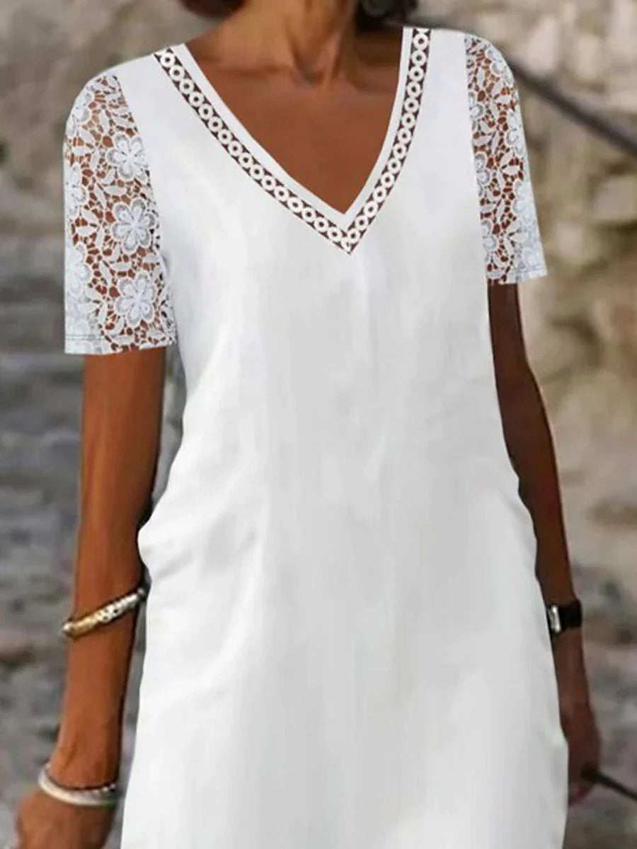 Women's Casual Dress Cotton Linen Dress Shift Dress Midi Dress Cotton Blend Modern Casual Daily Vacation V Neck Lace Hollow Out Short Sleeve Summer Spring 2023 Regular Fit White Pure Color S M L XL