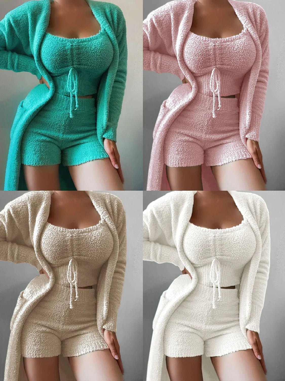 Women's Loungewear Robes Gown Sets 3 Pieces Pure Color Fashion Simple Plush Home Going out Fleece Crew Neck Short Sleeve Crop Top Shorts Fall Winter White Pink