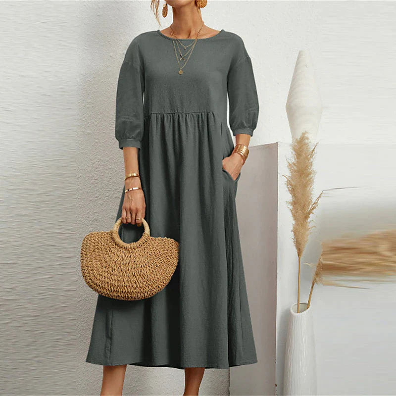 Women's Casual Dress Cotton Linen Dress Swing Dress Maxi long Dress Cotton Blend Casual Daily Holiday Vacation Crew Neck Ruched Pocket 3/4 Length Sleeve Summer Spring 2023 Regular Fit Dark Green Dark