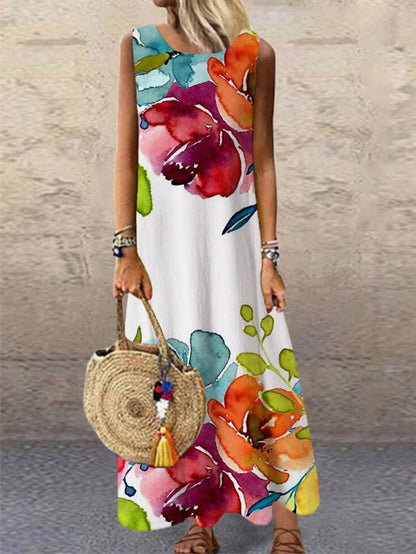 Women's Casual Dress Shift Dress Long Dress Maxi Dress Rainbow Sleeveless Floral Print Fall Spring Summer Crew Neck Fashion Daily 2023 S M L XL XXL 3XL