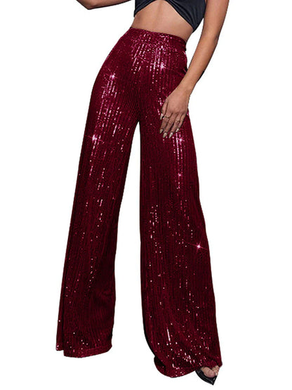 Women's Wide Leg Pants Trousers Sparkly Pants Full Length Sequins Micro-elastic High Waist Elegant Fashion Party Street claret M beige S M Summer Spring