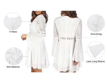 Women‘s Chiffon Dress White Black Long Sleeve Pure Color Tassel Fringe Patchwork Summer Spring V Neck Hot Sexy Fall Dress Slim 2023 S M L XL /Summer Dress