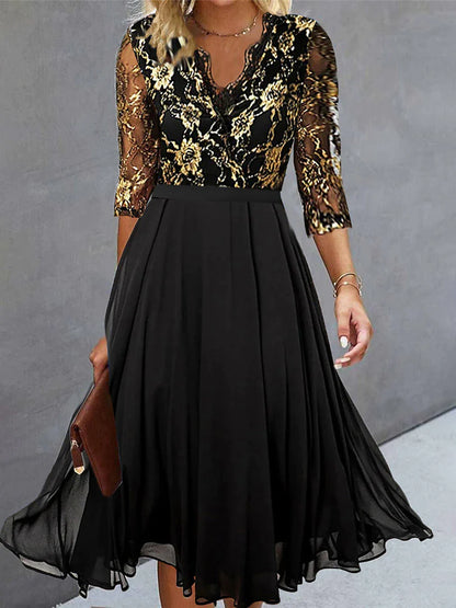 Women‘s Party Dress Lace Dress Cocktail Dress Midi Dress Black 3/4 Length Sleeve Lace Spring Fall Winter V Neck Fashion Wedding Guest Vacation Black Cocktail Dress