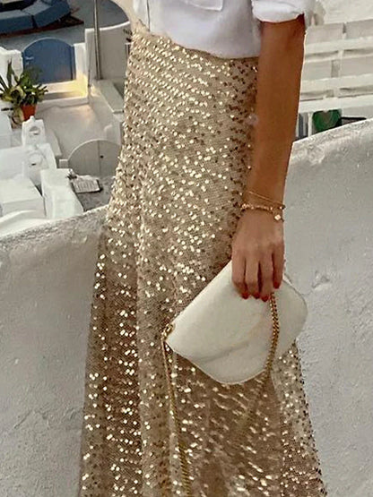 Women's Skirt Maxi Sparkly Golden Skirts Sparkle Sequins Elegant Party Evening Fall Winter M L XL