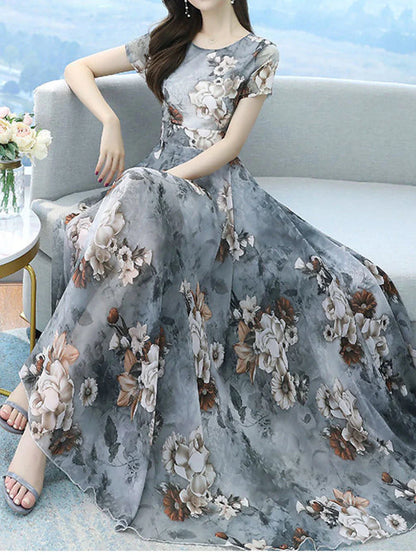 Women's Long Dress Maxi Dress Swing Dress Print Dress Floral Casual Outdoor Daily Vacation Print Short Sleeve Crew Neck Dress Regular Fit White Gray Summer Spring M L XL XXL 3XL