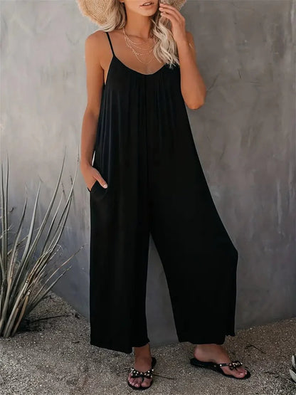 Boho Spaghetti Ruched Sleeveless Wide-Leg Jumpsuit JUM231012086BLAS(4) Black / S(4)