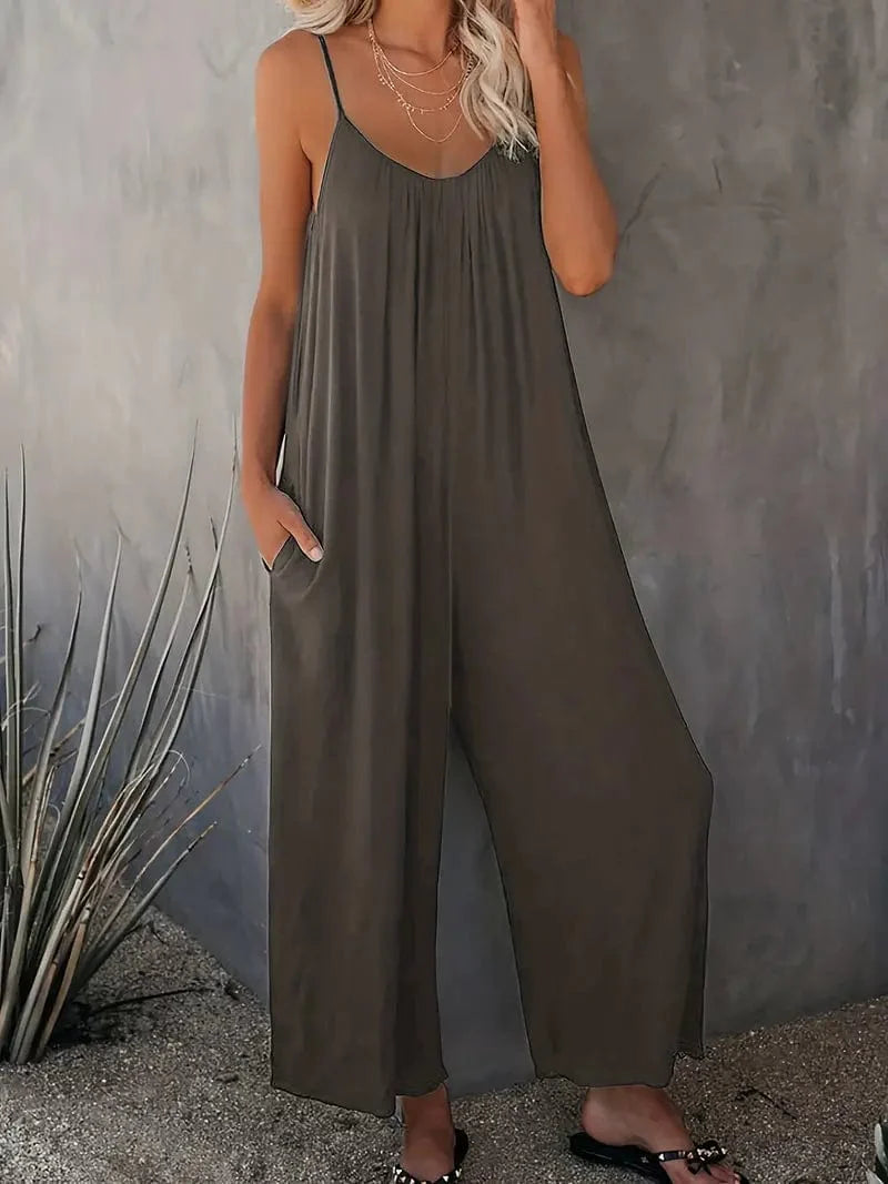 Boho Spaghetti Ruched Sleeveless Wide-Leg Jumpsuit JUM231012086GRYS(4) Gray / S(4)