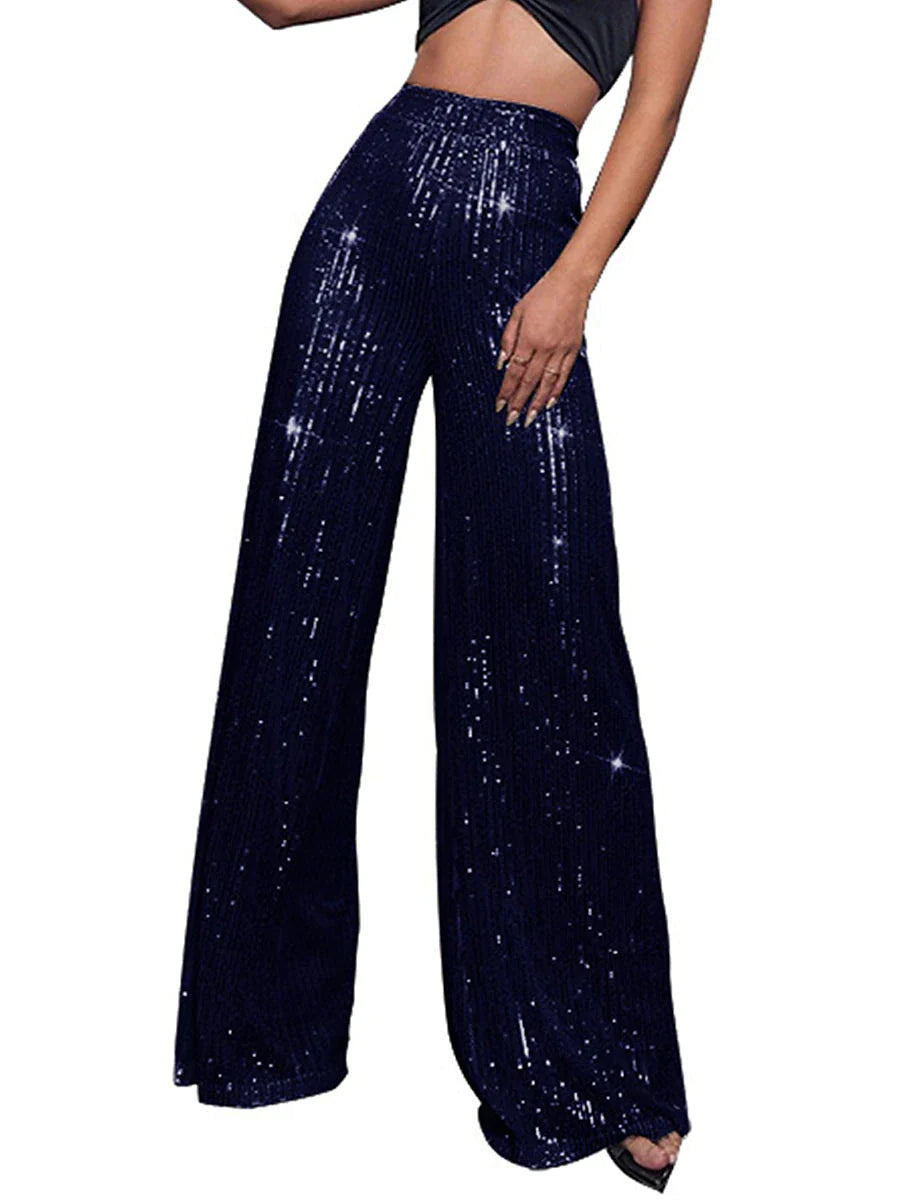 Women's Wide Leg Pants Trousers Sparkly Pants Full Length Sequins Micro-elastic High Waist Elegant Fashion Party Street claret M beige S M Summer Spring