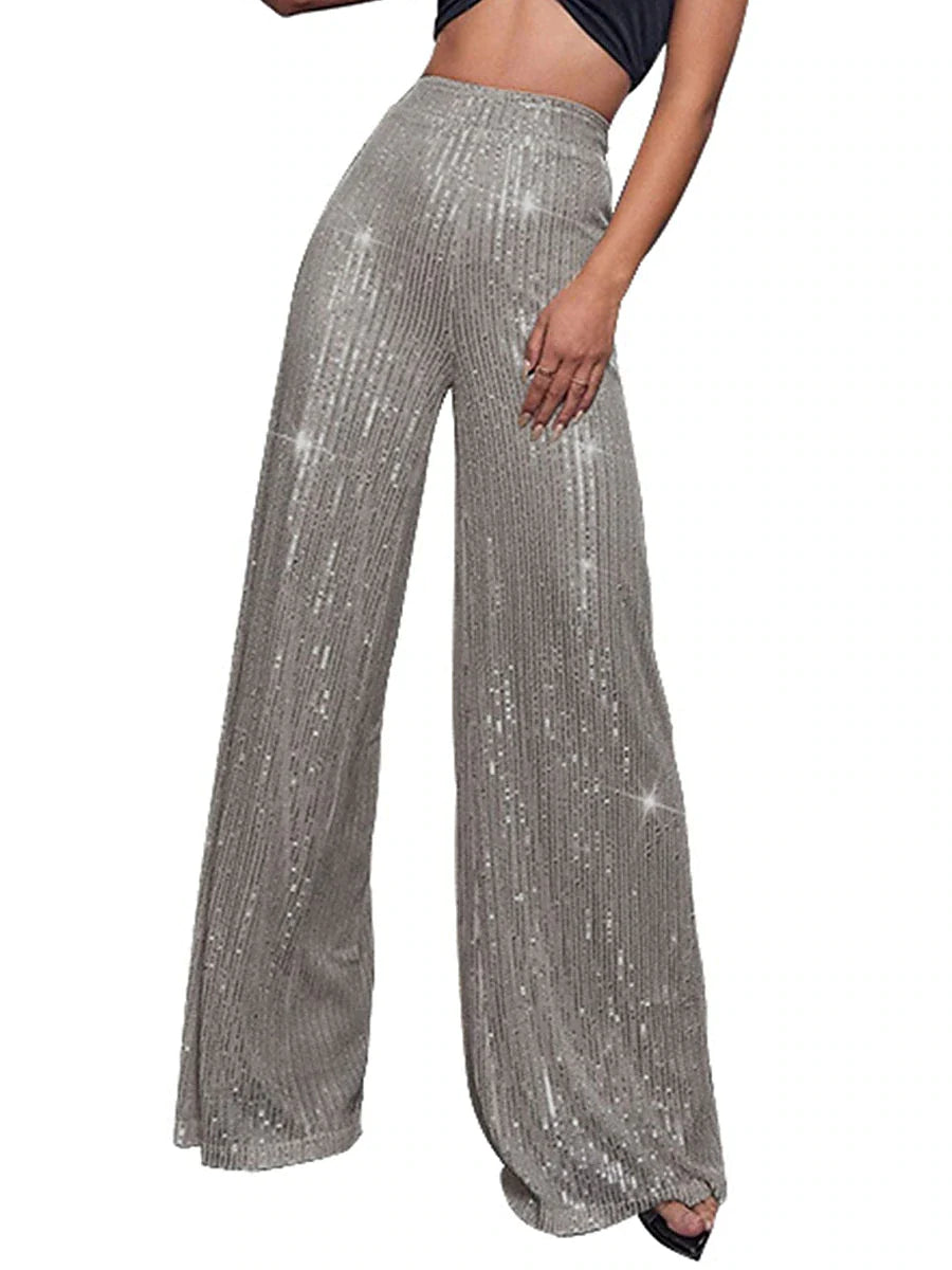 Women's Wide Leg Pants Trousers Sparkly Pants Full Length Sequins Micro-elastic High Waist Elegant Fashion Party Street claret M beige S M Summer Spring