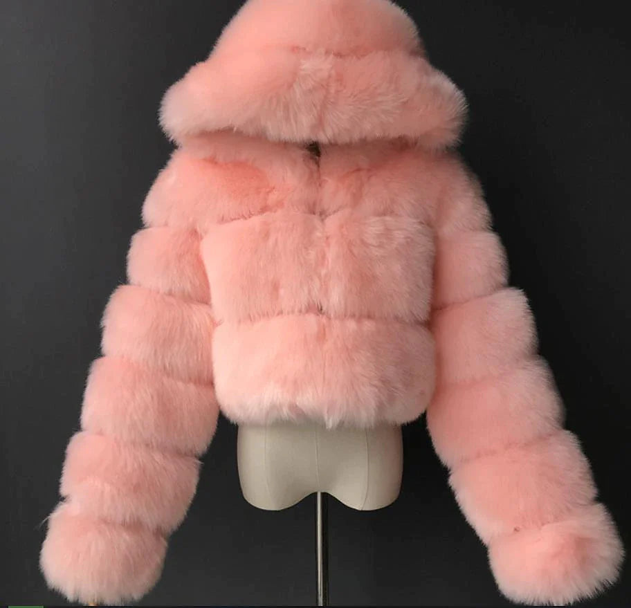 Women's Fur Coat Faux Fur Coat Hoodie Jacket Wedding Daily Outdoor clothing Fall Winter Short Coat Slim Casual Faux Leather Jacket Long Sleeve Solid Color Fur Light Pink Sapphire Navy