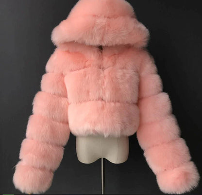 Women's Fur Coat Faux Fur Coat Hoodie Jacket Wedding Daily Outdoor clothing Fall Winter Short Coat Slim Casual Faux Leather Jacket Long Sleeve Solid Color Fur Light Pink Sapphire Navy