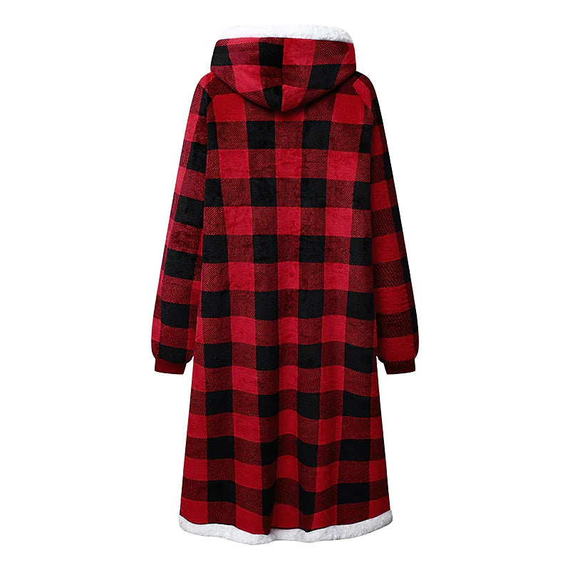 Women's Pink Wearable Blanket Hoodie Blanket Pajama Loungewear Grid / Plaid Pure Color Warm Plush Comfort Home Christmas Fleece Gift Hoodie Long Sleeve Pocket Fall Winter Lake blue Black