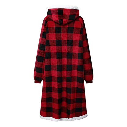 Women's Pink Wearable Blanket Hoodie Blanket Pajama Loungewear Grid / Plaid Pure Color Warm Plush Comfort Home Christmas Fleece Gift Hoodie Long Sleeve Pocket Fall Winter Lake blue Black