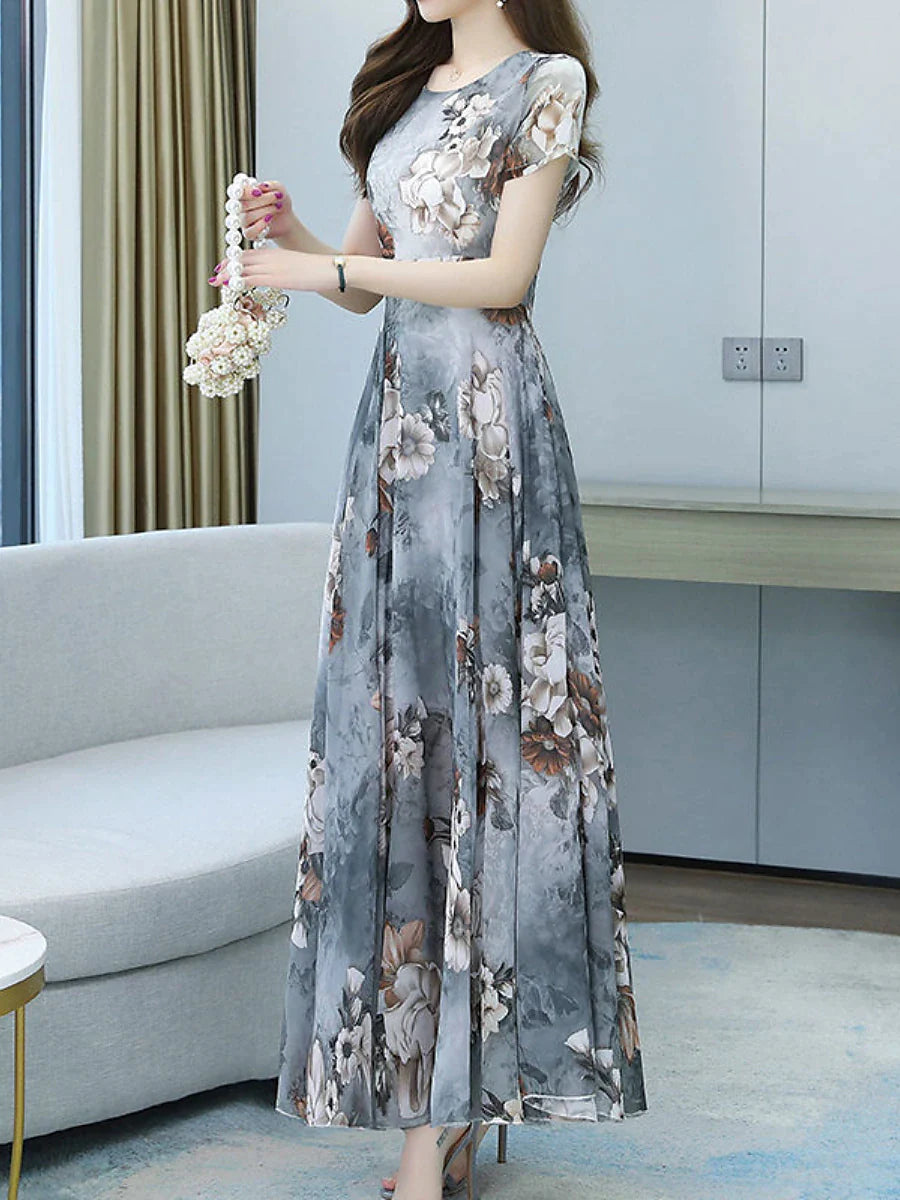 Women's Long Dress Maxi Dress Swing Dress Print Dress Floral Casual Outdoor Daily Vacation Print Short Sleeve Crew Neck Dress Regular Fit White Gray Summer Spring M L XL XXL 3XL