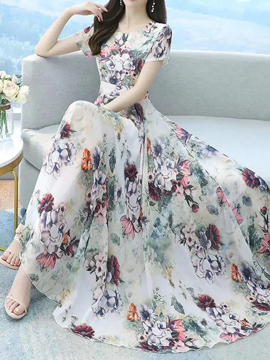 Women's Long Dress Maxi Dress Swing Dress Print Dress Floral Casual Outdoor Daily Vacation Print Short Sleeve Crew Neck Dress Regular Fit White Gray Summer Spring M L XL XXL 3XL