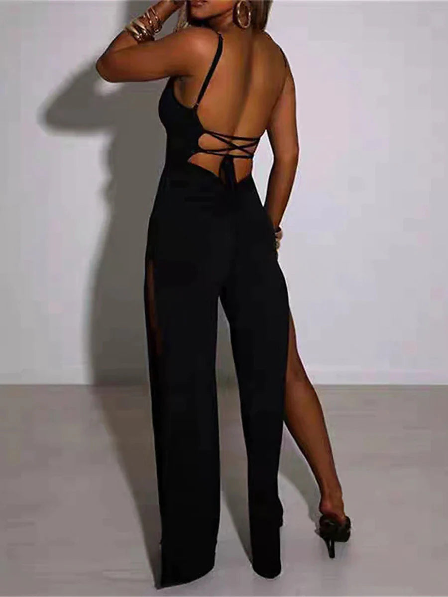 Women's Jumpsuit Split High Waist Solid Color U Neck Streetwear Party Street Regular Fit Sleeveless Black White Brown S M L Summer