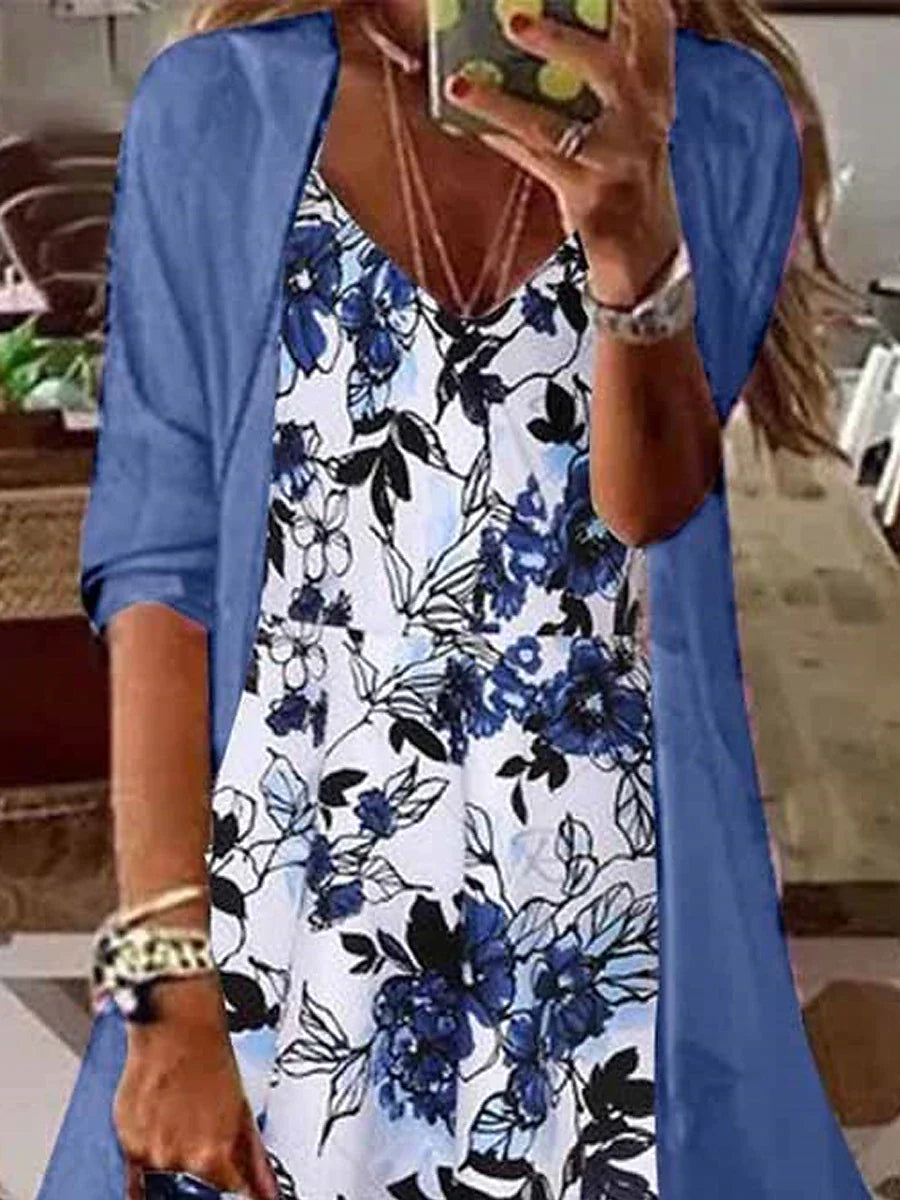 Women's Two Piece Dress Set Casual Dress Print Dress Outdoor Daily Fashion Casual Print Maxi Dress V Neck Half Sleeve Leaf Floral Regular Fit Blue Purple Summer Spring S M L XL XXL