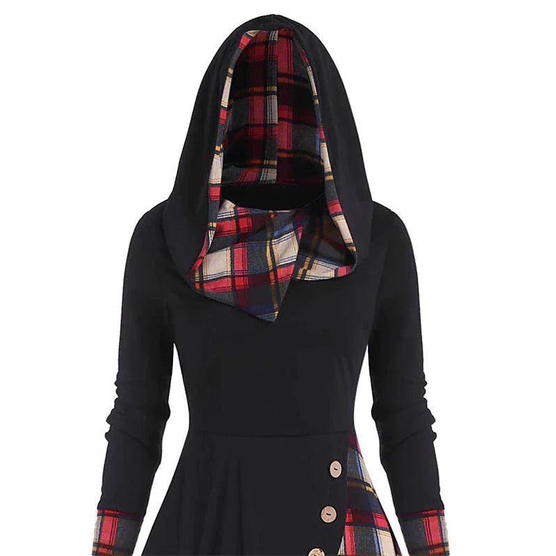 Women's New Year's Eve Dress Tartan Dress Sheath Dress Black Wine Red Long Sleeve Plaid Patchwork Winter Fall Hooded Modern Winter Dress Weekend Fall Dress Loose Fit