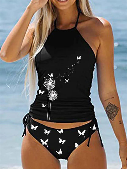 Women's Swimwear 2 Piece Plus Size Swimsuit Ruched Backless Print Butterfly Letter Black White Red Navy Blue Dark Gray Bathing Suits New Vacation Sporty