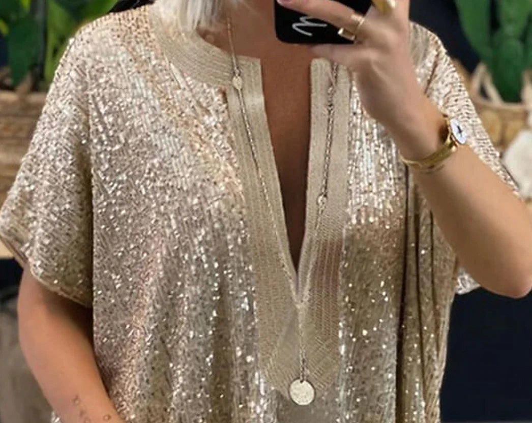 Women's Plus Size Shirt Blouse Plain Sparkly Silver Gold Sequins Half Sleeve Party Date Vacation Elegant Vintage Fashion V Neck Regular Fit Summer Spring