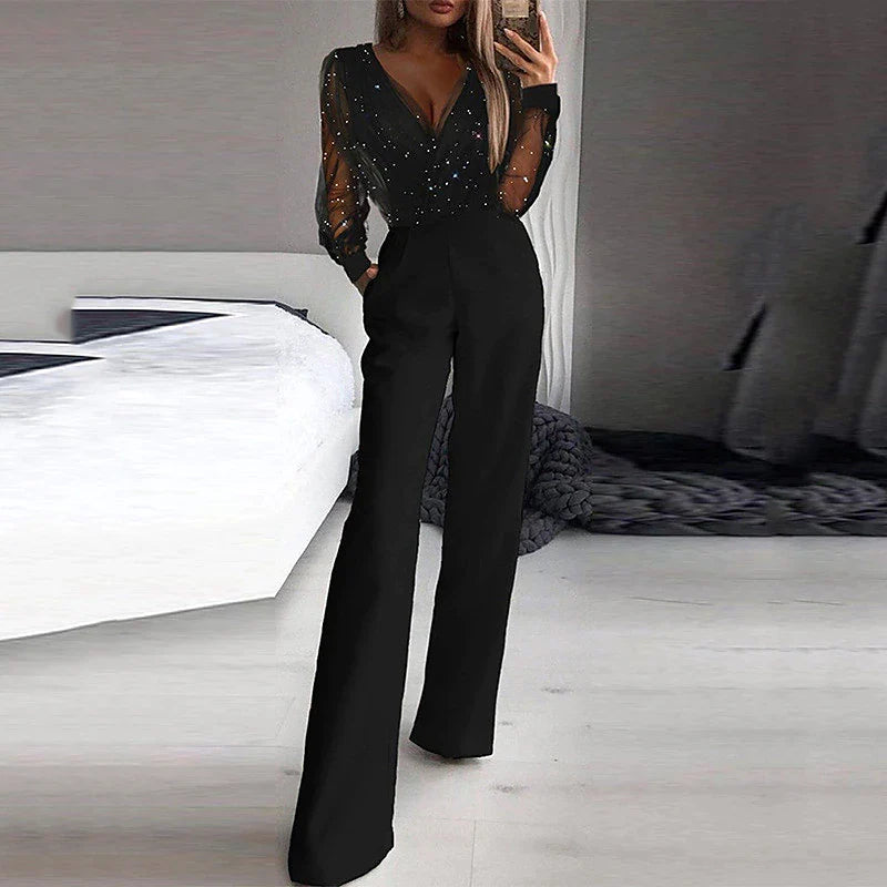 Women‘s Jumpsuit for Special Occasions Mesh Sequin Solid Color V Neck Elegant Party Prom Regular Fit Long Sleeve Black S M L Spring  Fall