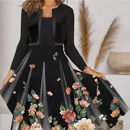 Women‘s Black Dress Cocktail Dress Casual Dress Dress Set Two Piece Dress Midi Dress Long Sleeve Floral Print Spring Fall Winter Crew Neck Fashion Winter Dress Vacation Fall Dress Loose Fit