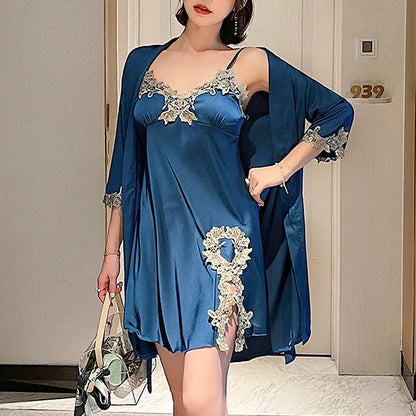 Women's Satin Silk Pajamas Sets 2 Pcs Nightgown Sets Dress Pure Color Fashion Casual Comfort Home Daily Bed Satin V Wire Long Sleeve Elastic Waist Chest pads Fall Spring Black Blue