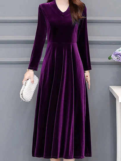 Women's Party Dress Wedding Guest Dress Velvet Dress Work Dress Midi Dress Black Wine Royal Blue Long Sleeve Pure Color Ruched Winter Fall Spring V Neck Fashion Spring Dress