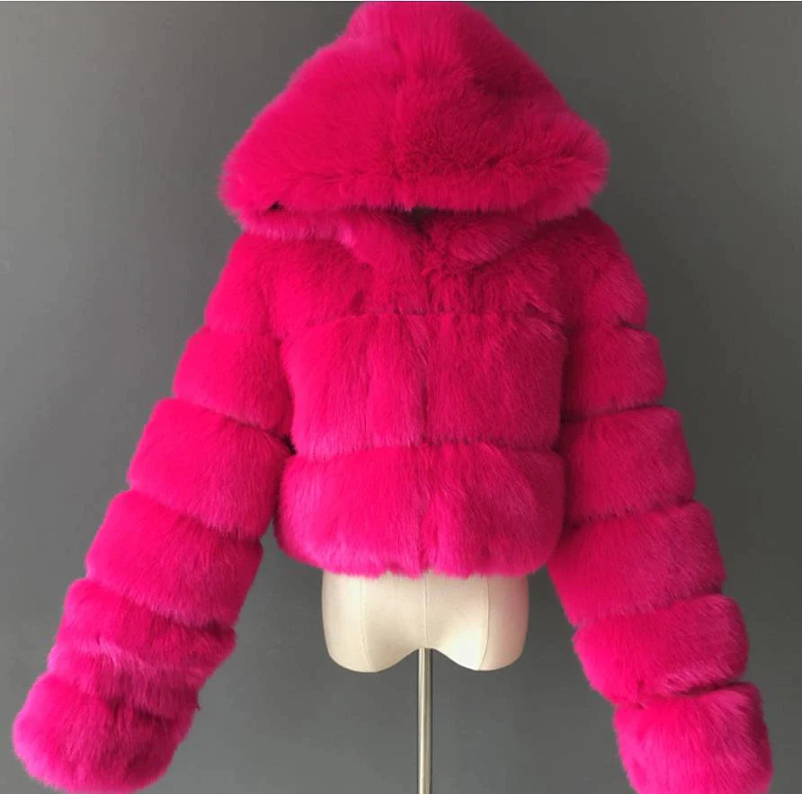 Women's Fur Coat Faux Fur Coat Hoodie Jacket Wedding Daily Outdoor clothing Fall Winter Short Coat Slim Casual Faux Leather Jacket Long Sleeve Solid Color Fur Light Pink Sapphire Navy