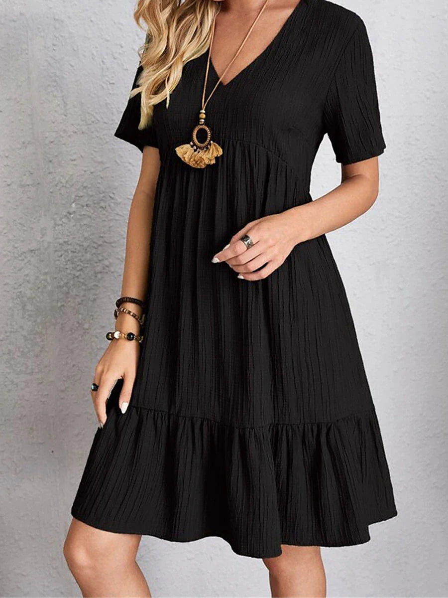 Women's Shift Dress Plain Dress Plain Ruffle V Neck Midi Dress Basic Classic Outdoor Daily Short Sleeve Loose Fit Black Pink Red Summer Spring S M L XL XXL