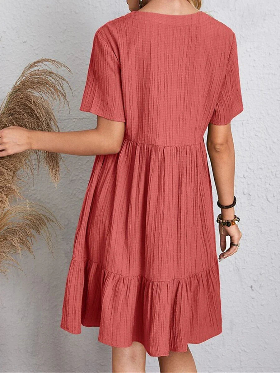 Women's Shift Dress Plain Dress Plain Ruffle V Neck Midi Dress Basic Classic Outdoor Daily Short Sleeve Loose Fit Black Pink Red Summer Spring S M L XL XXL