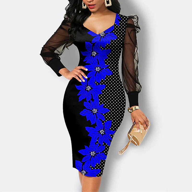 Women's Work Dress Bodycon Sheath Dress Midi Dress Black Pink Red Long Sleeve Floral Print Summer Spring Crew Neck Elegant Office Mesh S M L XL XXL 3XL