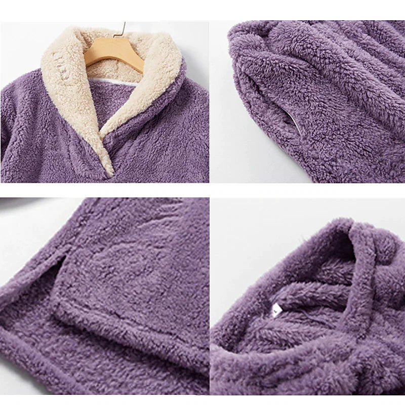 Women's Fleece Flannel Warm Pajamas Sets Fluffy Fuzzy Warm Nighty Pure Color Plush Comfort Home Christmas V Wire Long Sleeve Sweater Pant Elastic Waist Fall Winter Gray Purple / Lace Up