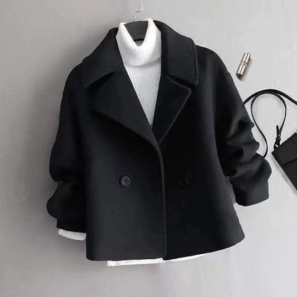 Women's Wool Blend Coat Witer Double Breasted Lapel Pea Coat Fall Crop Over Coat Windproof  Warm Jacket Long Sleeve Solid Color Black Beige