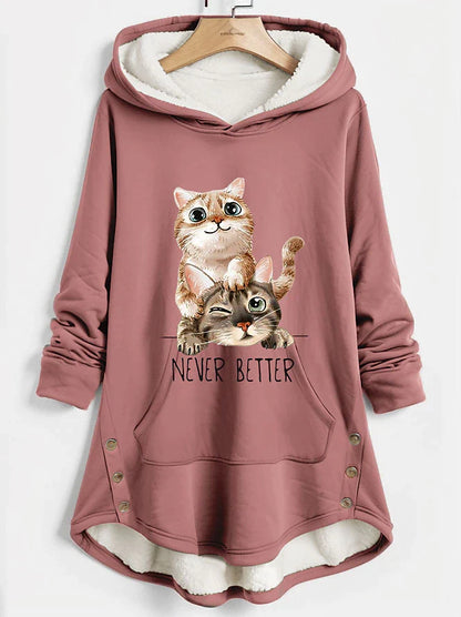 Women's Hoodie Sweatshirt Pullover Sherpa Fleece Lined Cat Warm Funny Fuzzy Print Button Front Pocket Dark Pink Blue Casual Sports Hoodie Long Sleeve Top Micro-elastic Fall & Winter