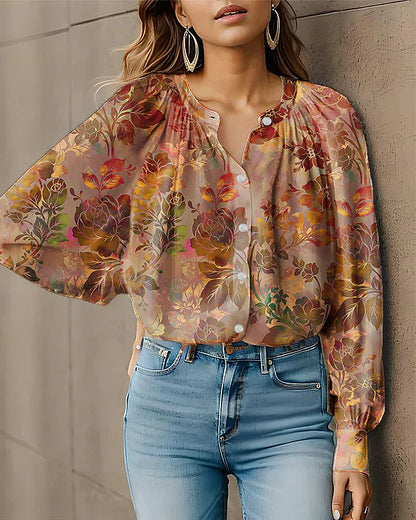 Women's Shirt Blouse Floral Light Green Pink Red Print Button Long Sleeve Casual Holiday Fashion Round Neck Regular Fit Spring &  Fall