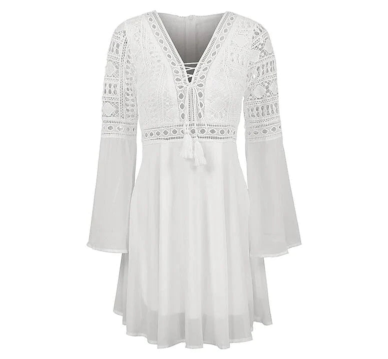 Women‘s Chiffon Dress White Black Long Sleeve Pure Color Tassel Fringe Patchwork Summer Spring V Neck Hot Sexy Fall Dress Slim 2023 S M L XL /Summer Dress