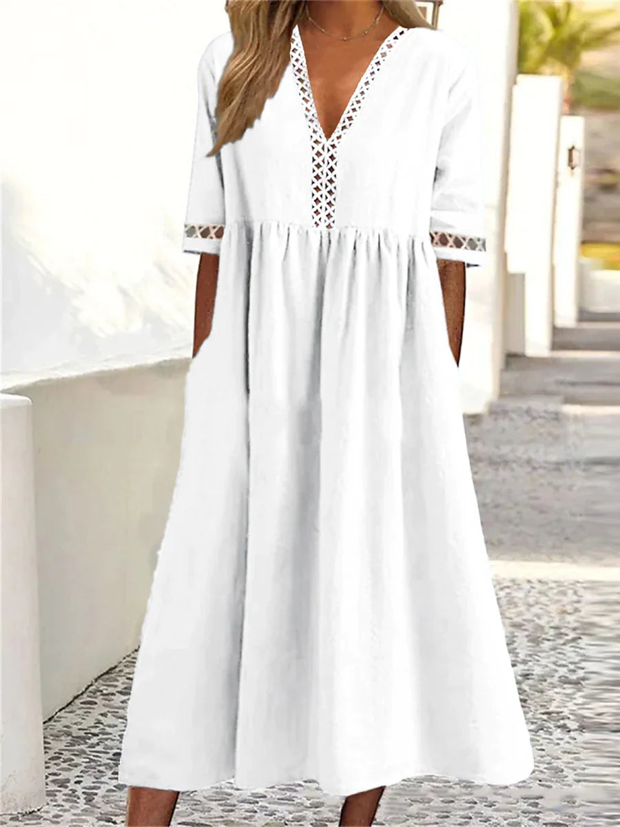 Women‘s Casual Dress Cotton Linen Dress Caftan Dress Swing Dress Midi Dress Cotton Blend Basic Classic Outdoor Daily Vacation V Neck Ruched Hollow Out Half Sleeve Summer Spring Fall 2023