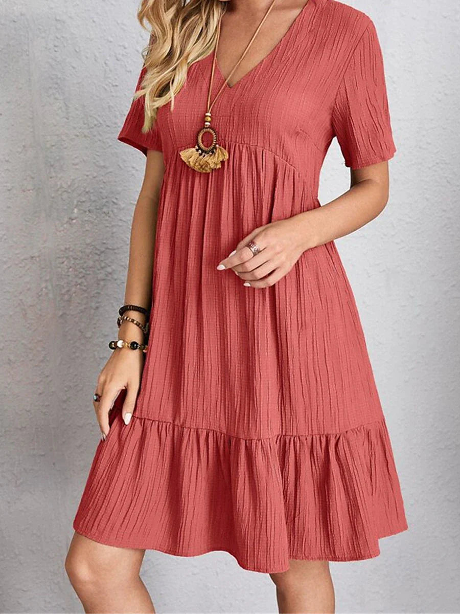 Women's Shift Dress Plain Dress Plain Ruffle V Neck Midi Dress Basic Classic Outdoor Daily Short Sleeve Loose Fit Black Pink Red Summer Spring S M L XL XXL