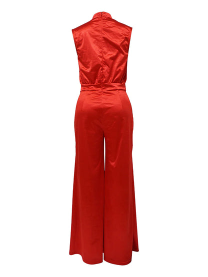 Women's Jumpsuit Pleated High Waist Solid Color Stand Collar Elegant Party Xmas Christmas Regular Fit Sleeveless Black Red Apricot S M L Fall