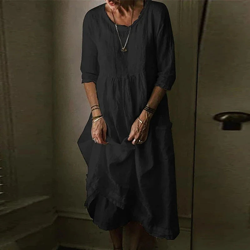 Women's Casual Dress Linen Dress Shift Dress Midi Dress Black Green Beige Half Sleeve Pure Color Pocket Summer Spring Crew Neck Casual Loose Fit 2023 S M L XL XXL 3XL 4XL