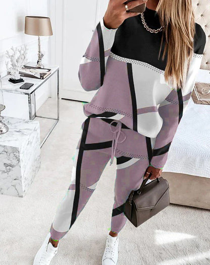 Women's Sweatshirt Tracksuit Pants Sets Geometric Color Block Camel Purple Green Print Drawstring Long Sleeve Sports Outdoor Casual Active Streetwear Crew Neck Regular Fit Fall & Winter