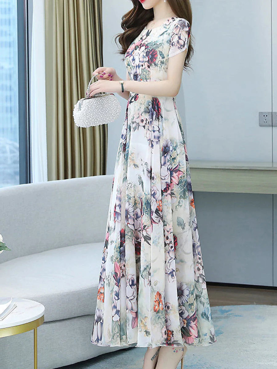 Women's Long Dress Maxi Dress Swing Dress Print Dress Floral Casual Outdoor Daily Vacation Print Short Sleeve Crew Neck Dress Regular Fit White Gray Summer Spring M L XL XXL 3XL